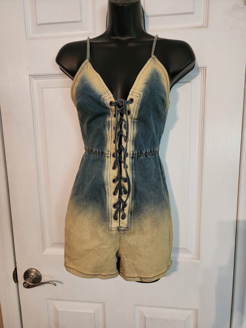 Blue Ombre Faded Denim Lace Up Front Romper